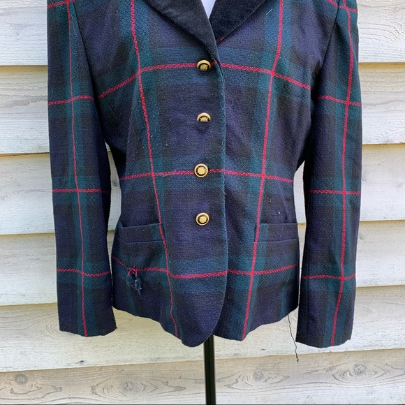 Vintage 80s Green Plaid Collared Velour V-Neck Button Down Long Sleeve Blazer - Picture 8 of 16